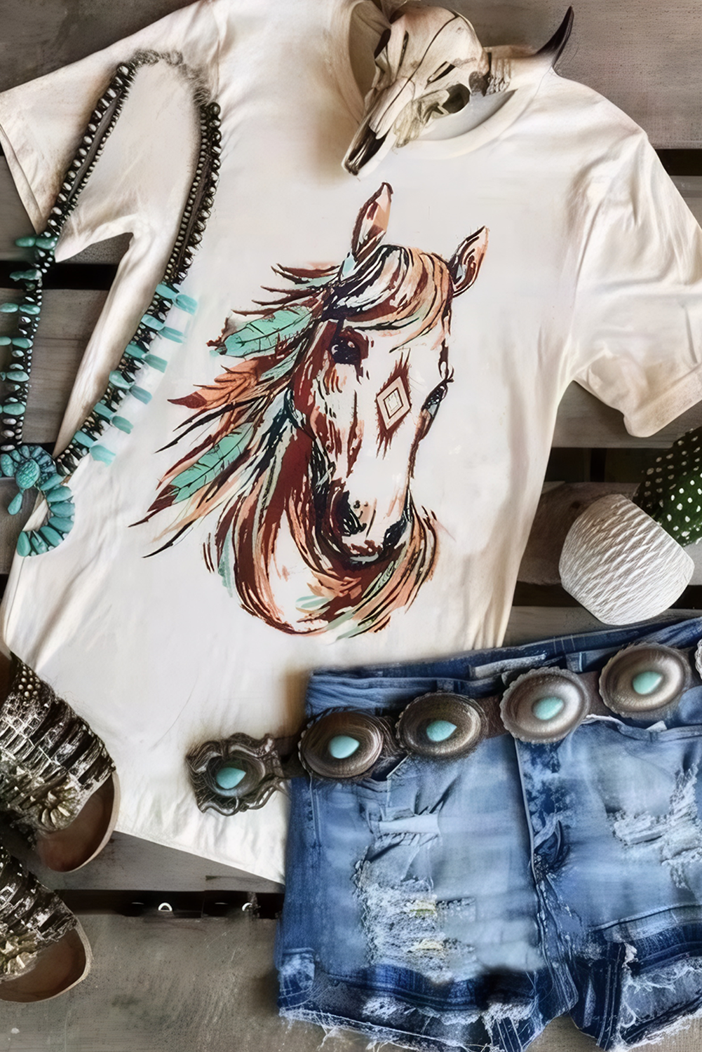 White Western Aztec Horse Graphic Crewneck Tee Graphic Tees JT's Designer Fashion