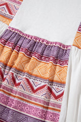 White Western Aztec Print Patchwork Ruffled Tunic Long Sleeve Babydoll Top Long Sleeve Tops JT's Designer Fashion