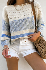 Light Blue Open Stitch Puff Sleeve Sweater Sweaters JT's Designer Fashion