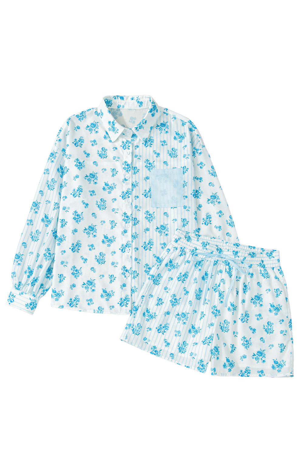 Sky Blue Floral Striped Print Contrast Patched Pocket Shirt and Shorts Set Short Sets JT's Designer Fashion