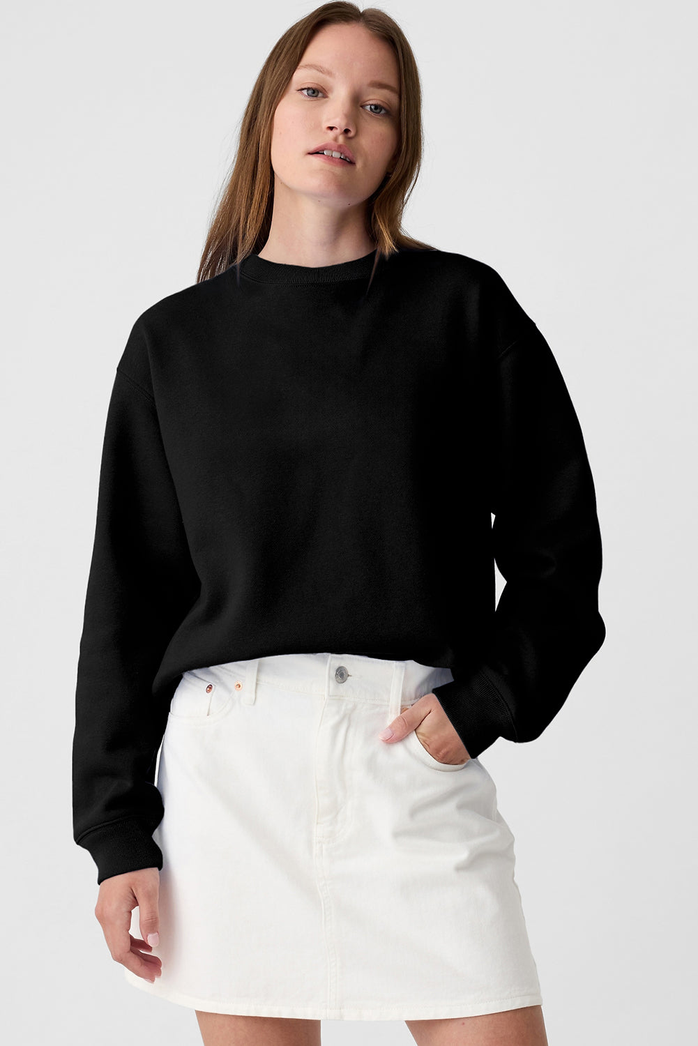 Black Plain Drop Shoulder Crewneck Pullover Sweatshirt Sweatshirts & Hoodies JT's Designer Fashion