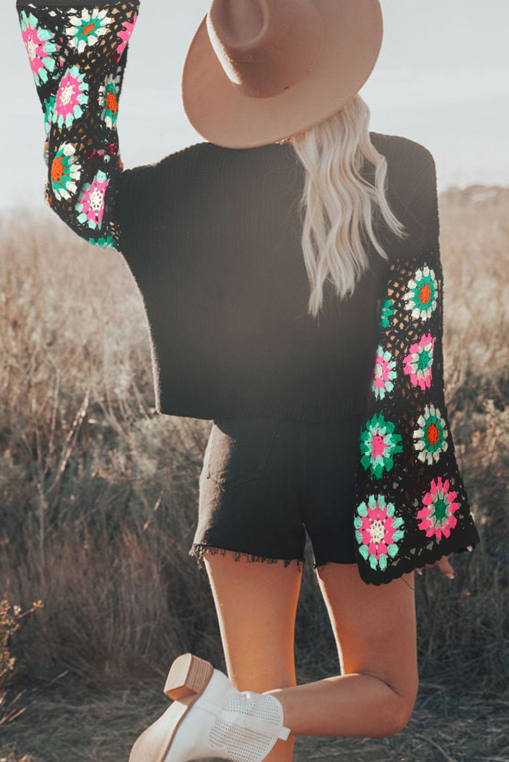 Black Floral Crochet Bell Sleeve Loose Sweater Sweaters JT's Designer Fashion