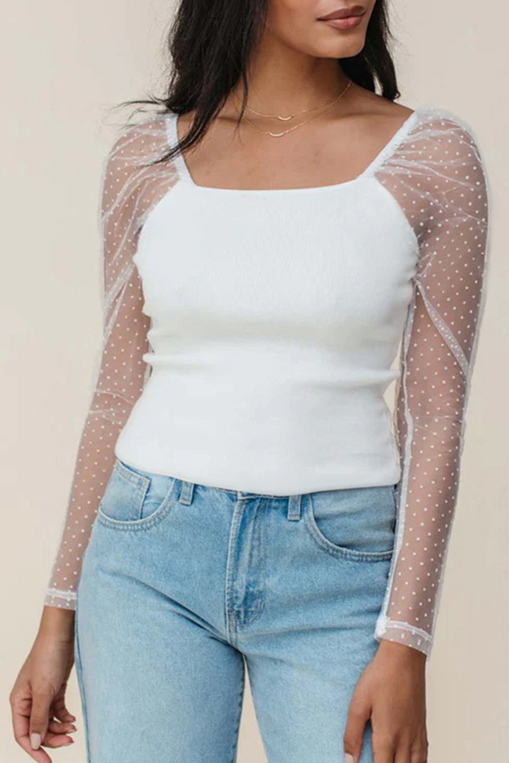 White Swiss Dot Mesh Long Sleeve Square Neck Slim Top Long Sleeve Tops JT's Designer Fashion