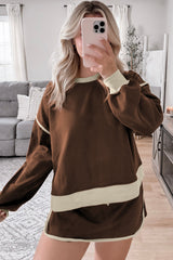 Coffee Color Contrast Loose Pullover and Lace-up Waist Skort Set Two Piece Dresses JT's Designer Fashion