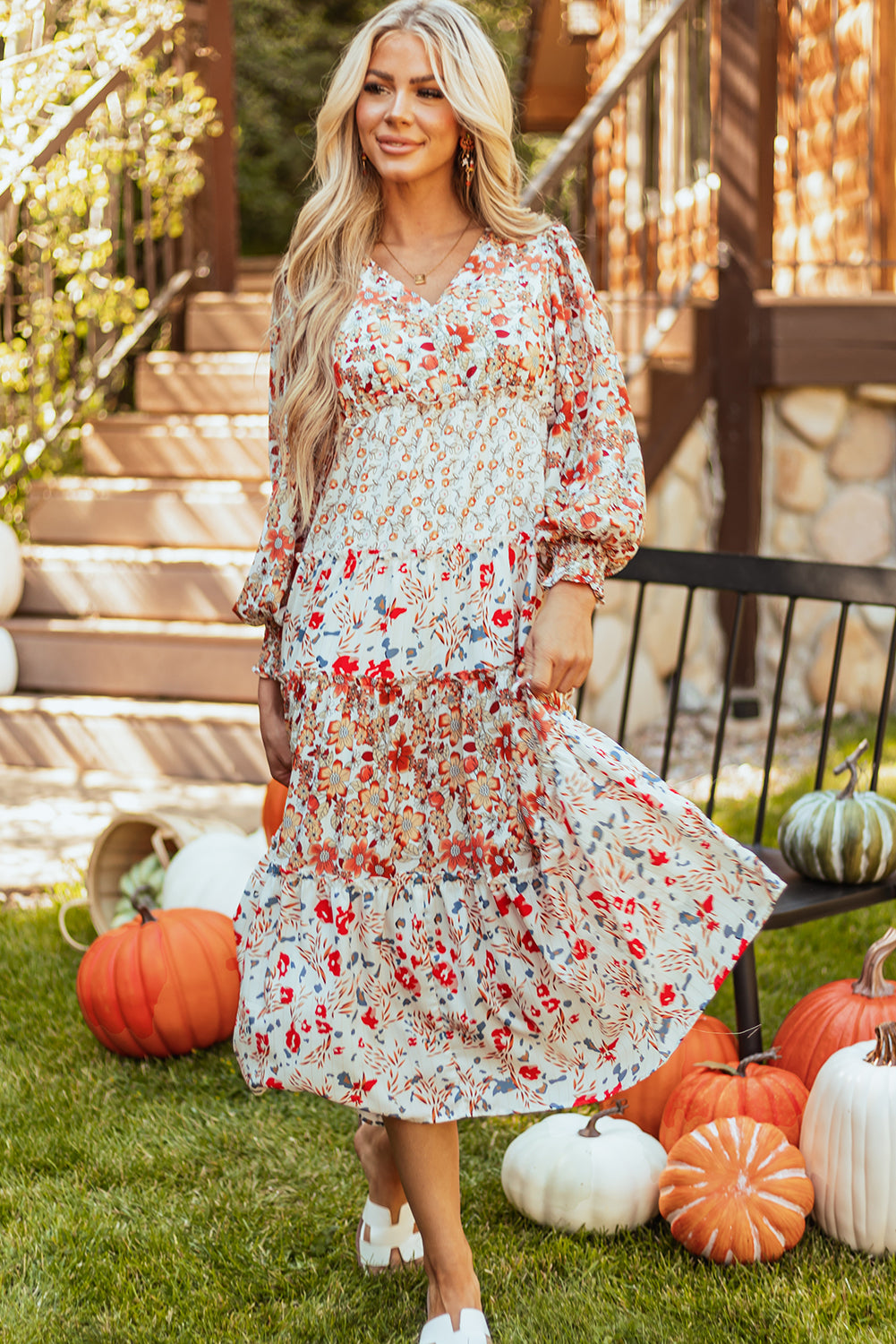 Khaki Floral Print Ruffled Tiered Long Sleeve V Neck Midi Dress Floral Dresses JT's Designer Fashion