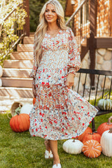Khaki Floral Print Ruffled Tiered Long Sleeve V Neck Midi Dress Floral Dresses JT's Designer Fashion
