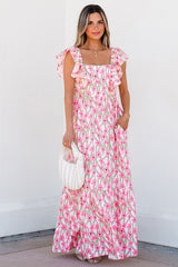 Pink Floral Print Square Neck Ruffled Strap Maxi Dress Pink 100%Polyester Floral Dresses JT's Designer Fashion