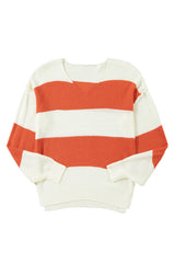 Orange Stripe Loose Color Block Drop Shoulder Bubble Sleeve Sweater Sweaters JT's Designer Fashion