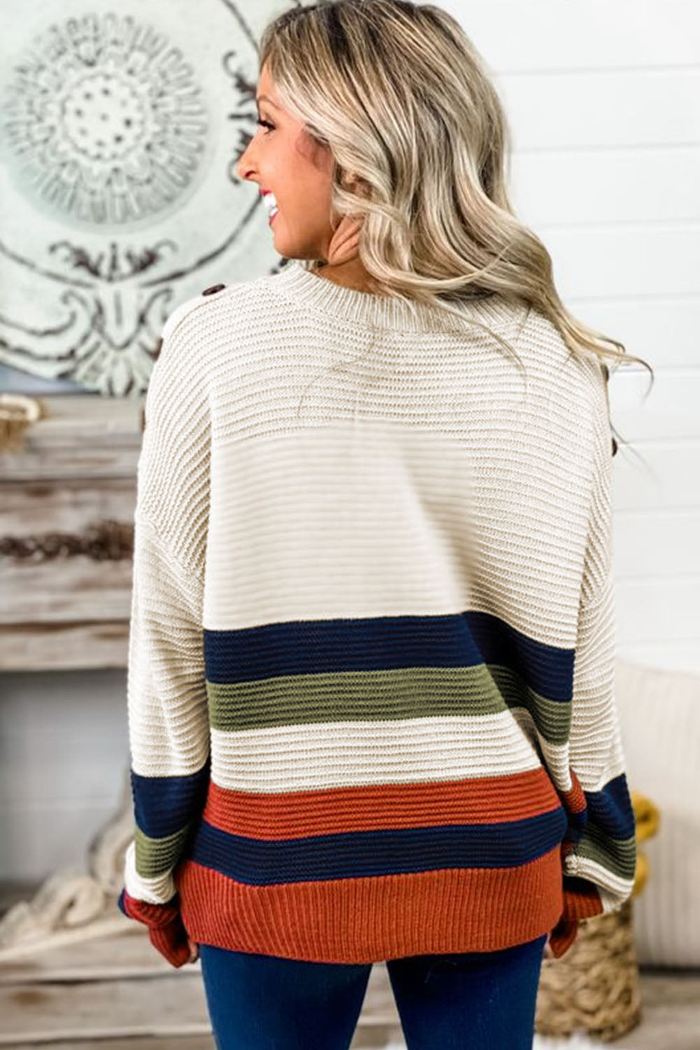 White Buttoned Shoulder Drop Shoulder Striped Sweater Sweaters & Cardigans JT's Designer Fashion
