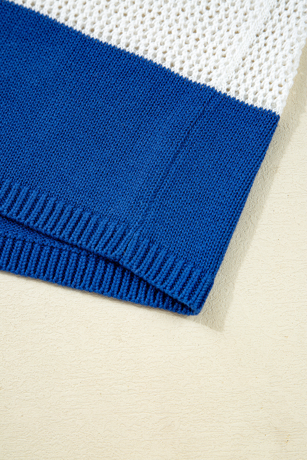 Blue Stripe Colorblock Polo Collar Eyelet Crochet Knitted Sweater Sweaters JT's Designer Fashion
