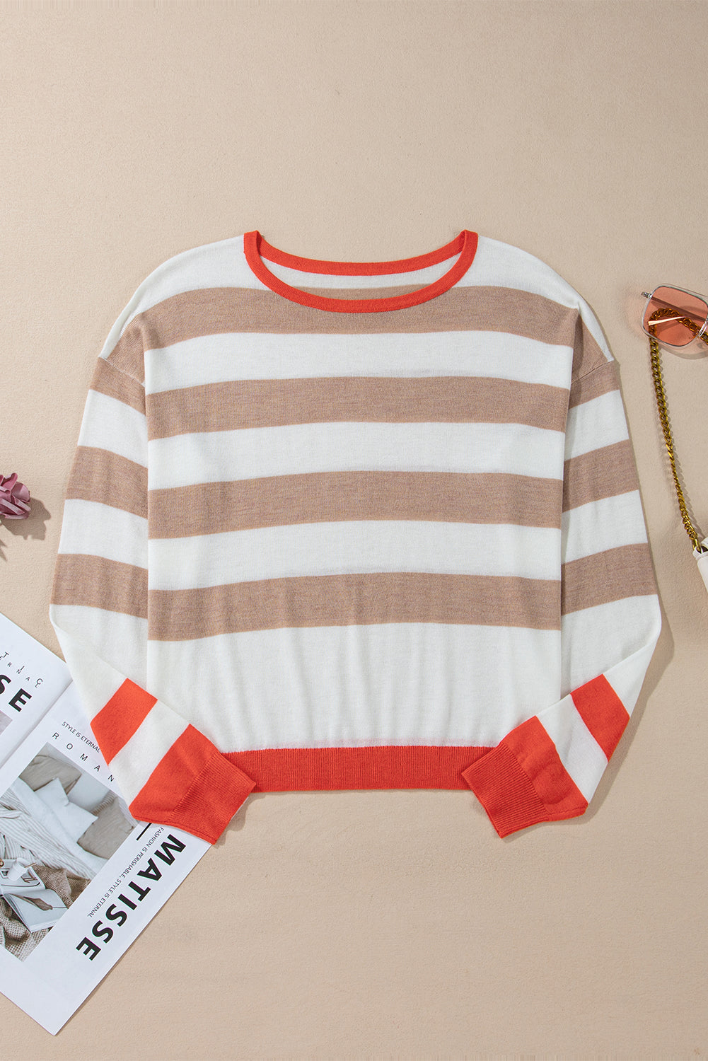 Apricot Colorblock Striped Round Neck Drop Shoulder Sweater Sweaters JT's Designer Fashion