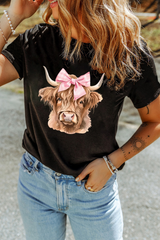 Black Bow Cow Head Graphic Western Fashion T Shirt Graphic Tees JT's Designer Fashion