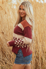Brown Checkered Color Block Knitted Drop Shoulder Sweater Sweaters JT's Designer Fashion