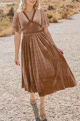 Chestnut Velvet Lacy V Neckline Short Sleeve Empire Waist Flowy Long Dress Chestnut 95%Polyester+5%Elastane Maxi Dresses JT's Designer Fashion