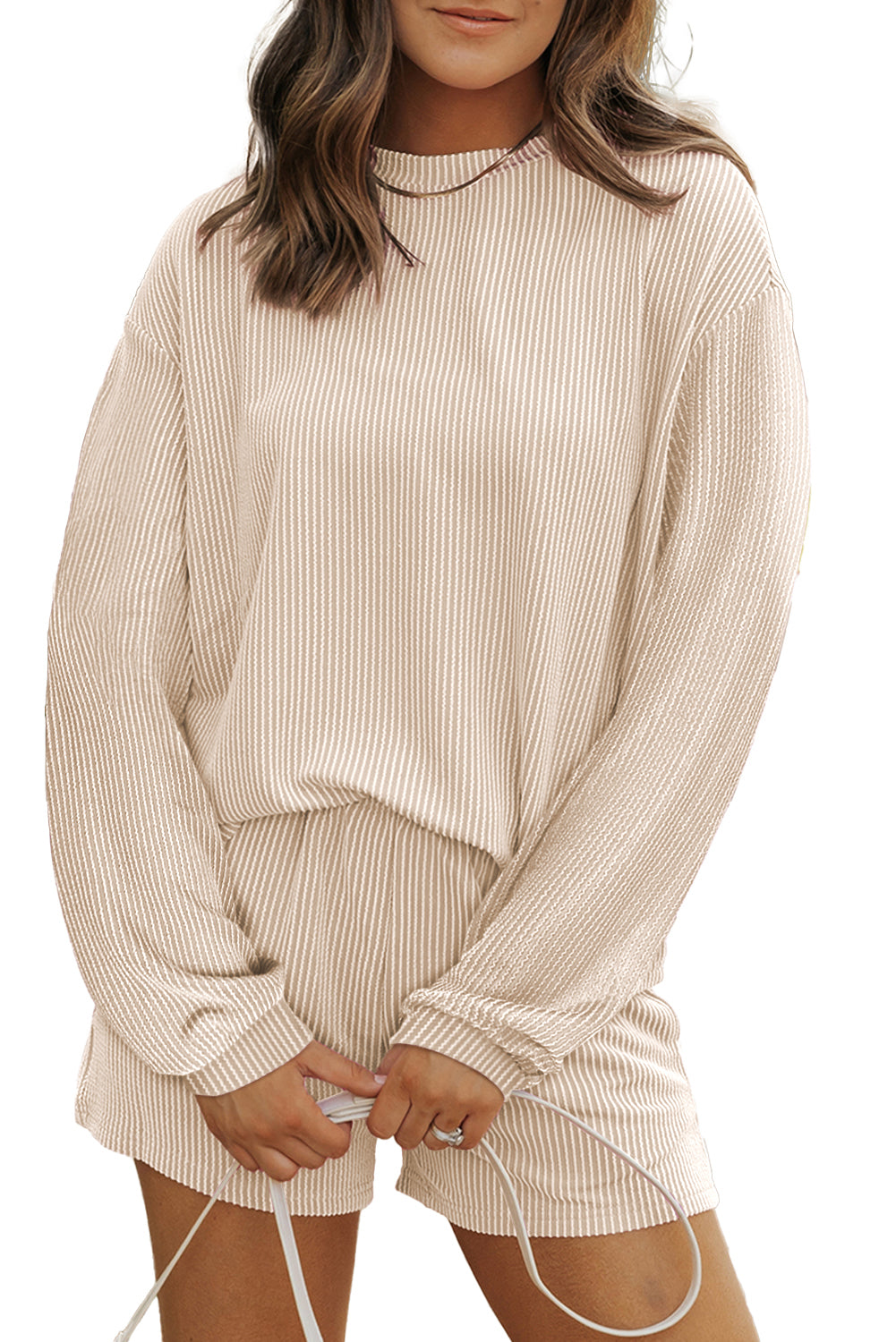 Parchment Corded Knit Long Sleeve Top and High Waist Shorts Set Short Sets JT's Designer Fashion