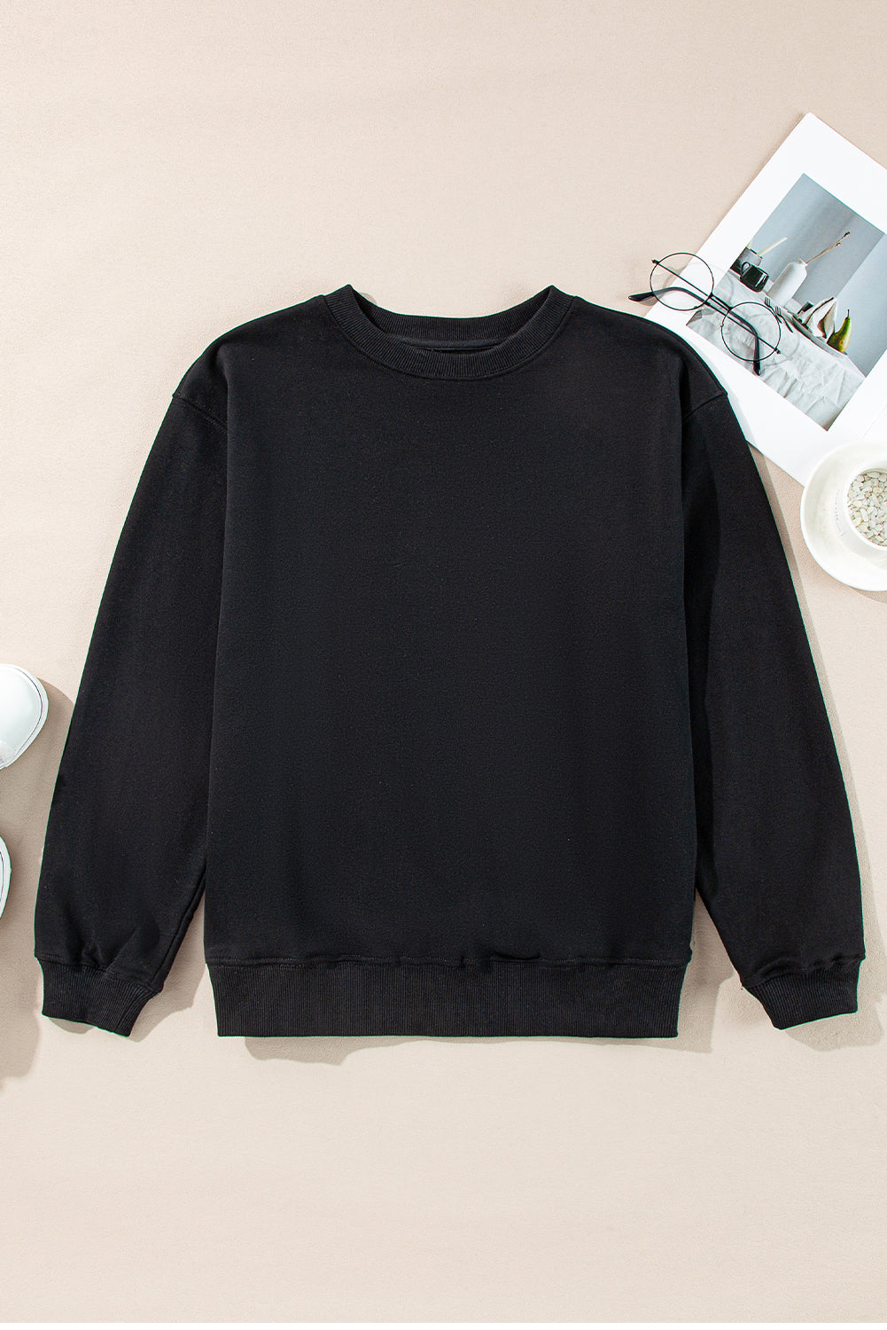 Black Plain Drop Shoulder Crewneck Pullover Sweatshirt Sweatshirts & Hoodies JT's Designer Fashion