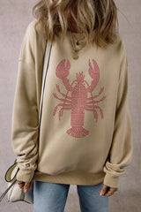 Parchment Rhinestone Crawfish Graphic Crewneck Oversized Sweatshirt Parchment 50%Polyester+50%Cotton Graphic Sweatshirts JT's Designer Fashion