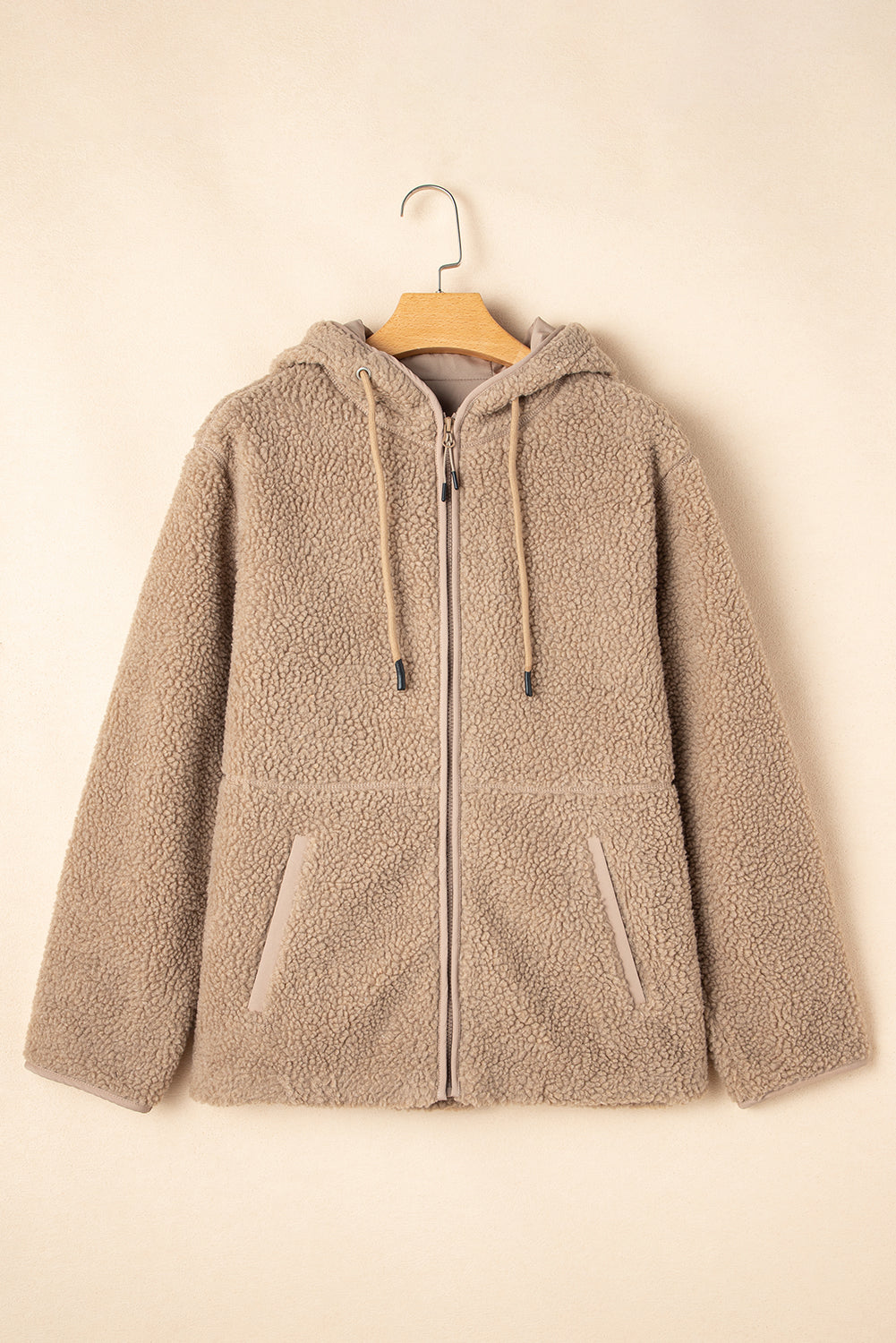Pale Khaki Fleece Zip Up Drawstring Hooded Pocketed Jacket Jackets JT's Designer Fashion