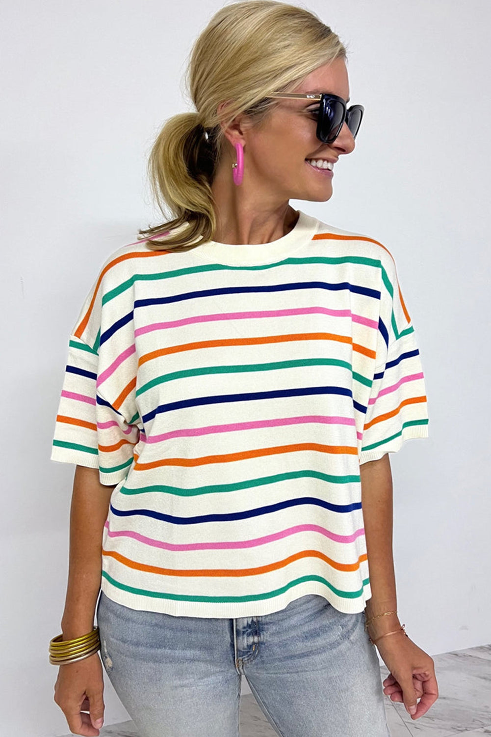 Beige Stripe Dropped Short Sleeve Boxy Fit Knitted Top Sweaters & Cardigans JT's Designer Fashion