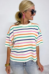 Beige Stripe Dropped Short Sleeve Boxy Fit Knitted Top Sweaters & Cardigans JT's Designer Fashion