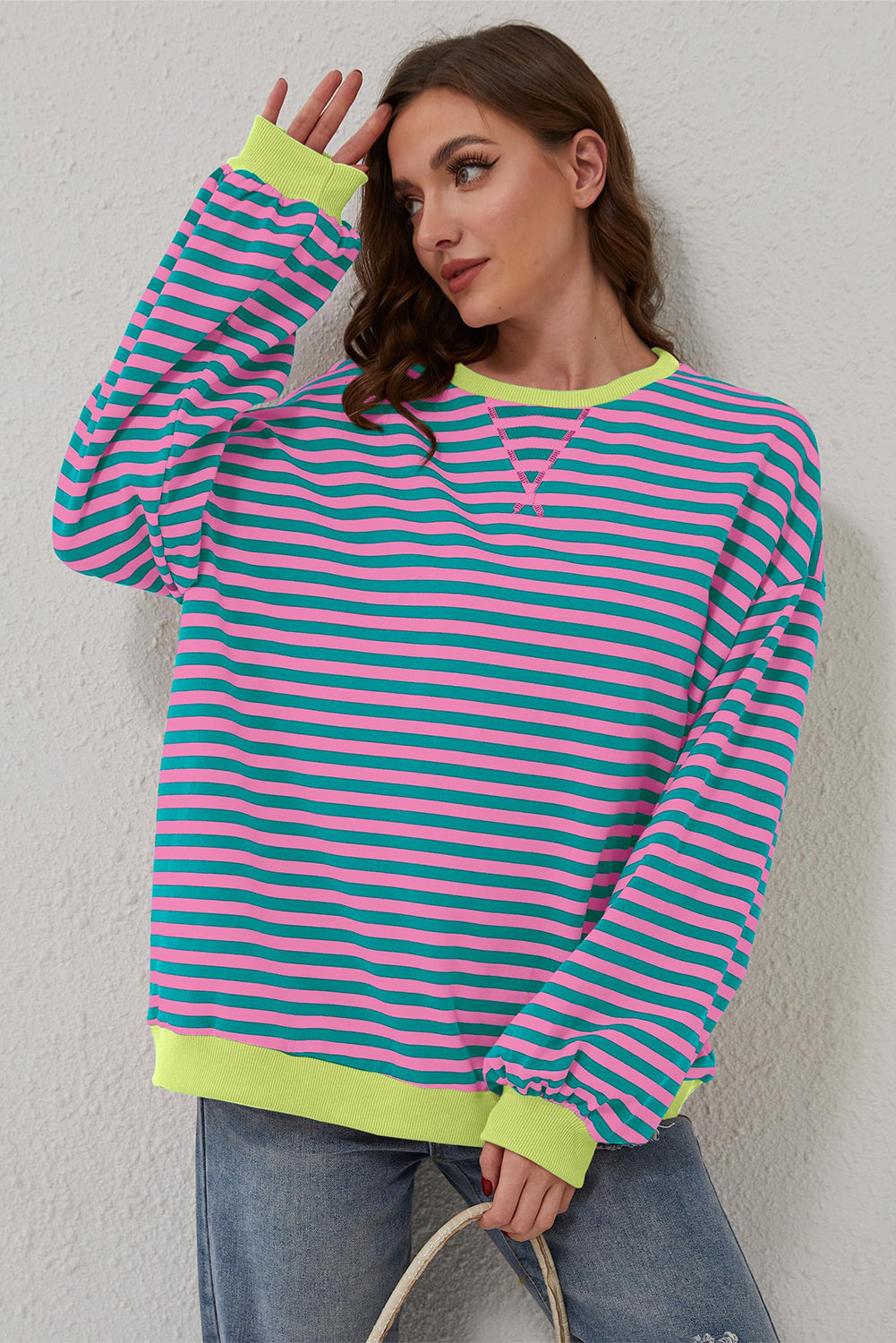Green Stripe Oversized Contrast Trim Pullover Sweatshirt Sweatshirts & Hoodies JT's Designer Fashion