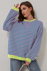 Green Stripe Oversized Contrast Trim Pullover Sweatshirt Sweatshirts & Hoodies JT's Designer Fashion