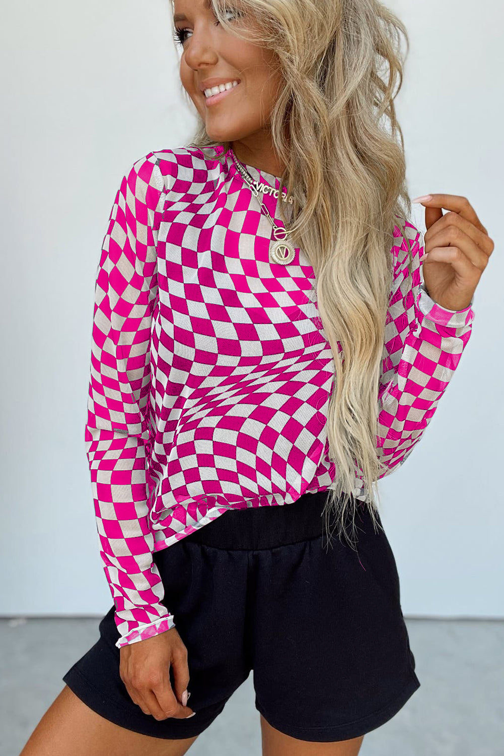 Rose Checkered Pattern Mesh Mock Neck Long Sleeve Top Long Sleeve Tops JT's Designer Fashion