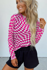 Rose Checkered Pattern Mesh Mock Neck Long Sleeve Top Long Sleeve Tops JT's Designer Fashion