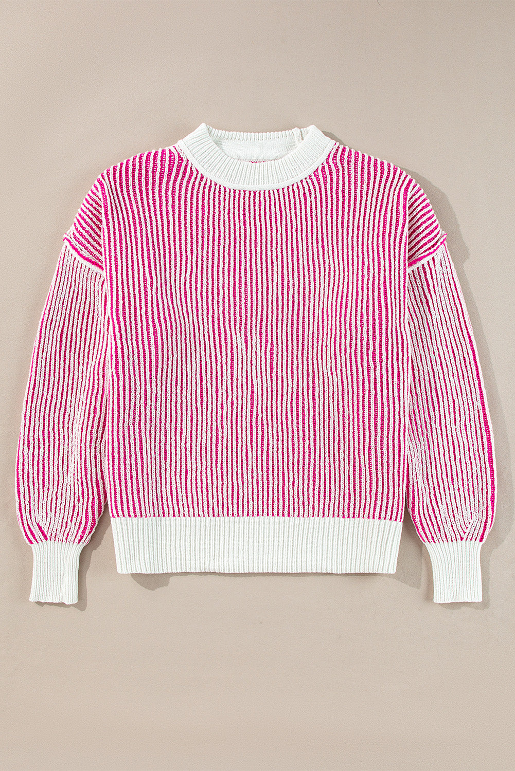 Bright Pink Striped Textured Knit Contrast Edge Loose Sweater Sweaters JT's Designer Fashion