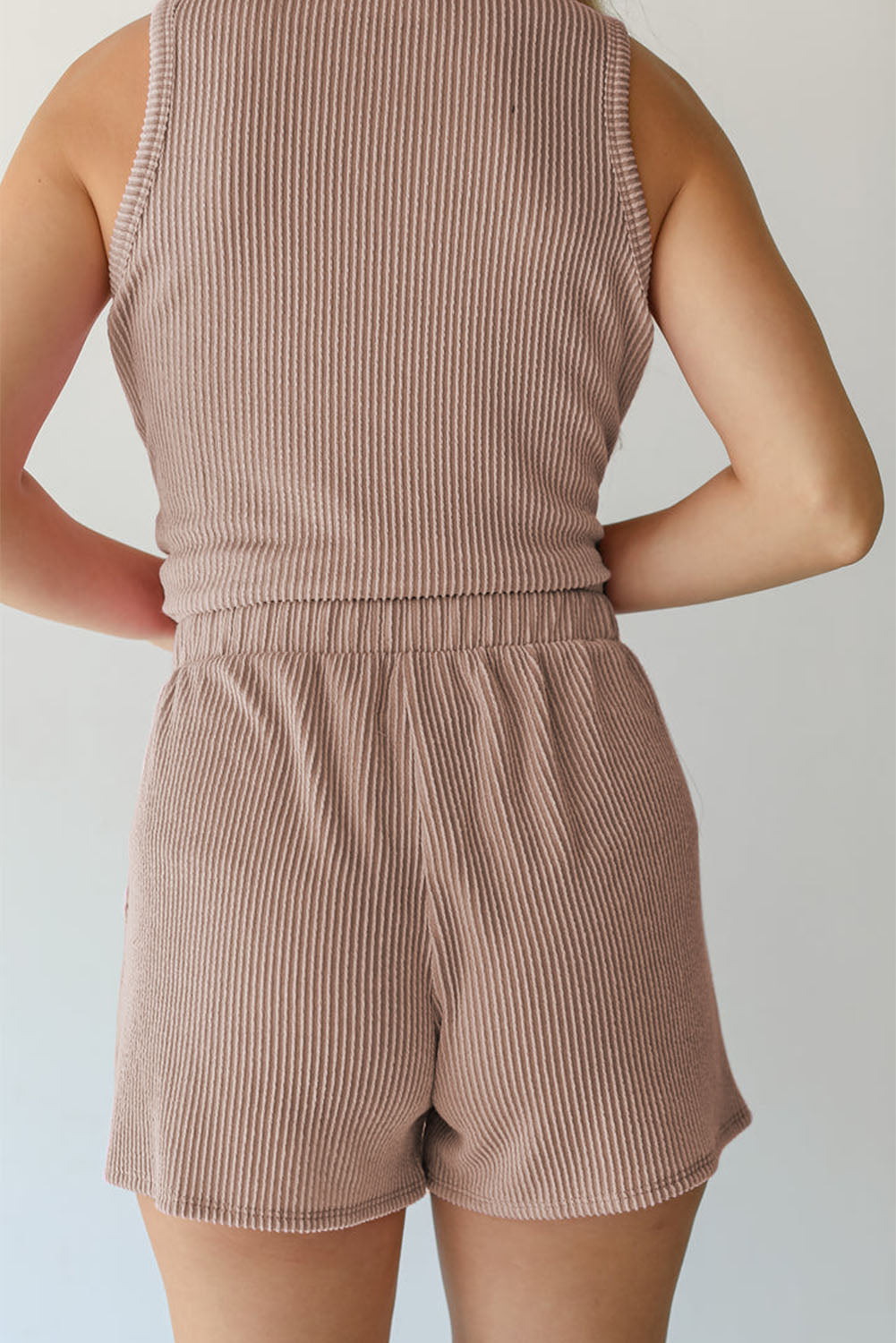 Smoke Gray Corded Sleeveless Top and Pocketed Shorts Set Short Sets JT's Designer Fashion