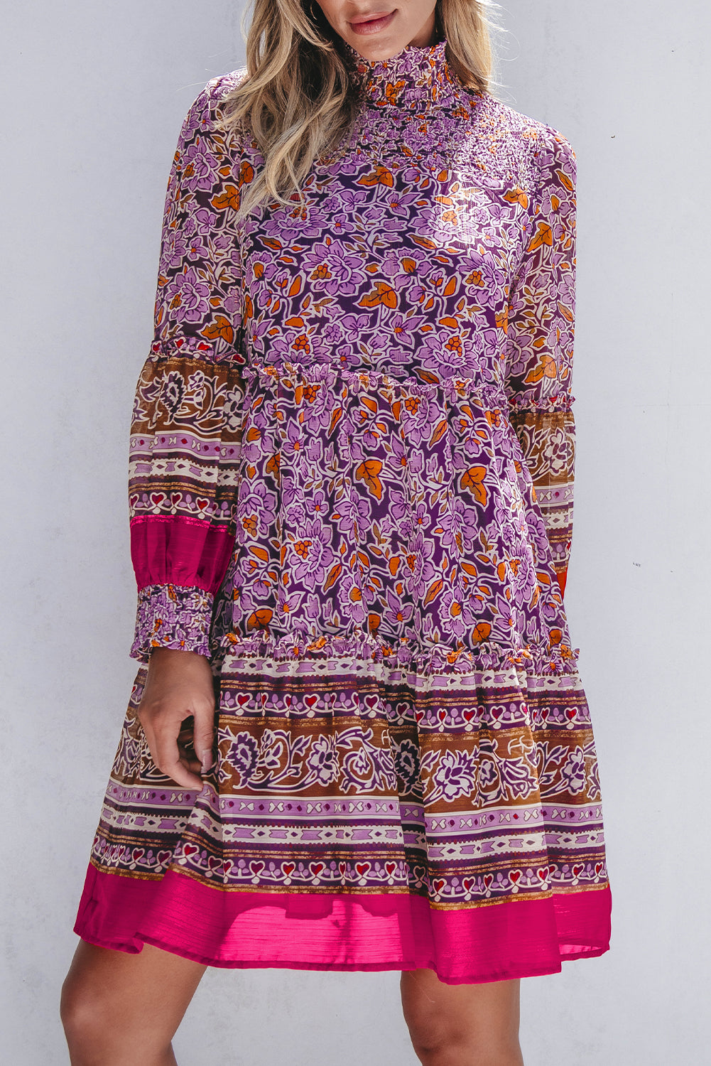 Purple Floral Smocked Puff Sleeve High Neck Mini Dress Floral Dresses JT's Designer Fashion