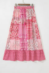 Red Boho Pattern Print Tassel Drawstring High Waist Maxi Dress Skirts & Petticoat JT's Designer Fashion