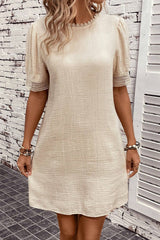 Beige Crinkle Lace Trim Puff Sleeve Shift Mini Dress Dresses JT's Designer Fashion