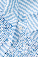 Sky Blue Stripe Shirred Detail Half Placket Collared Long Sleeve Fall Shirt Blouses & Shirts JT's Designer Fashion