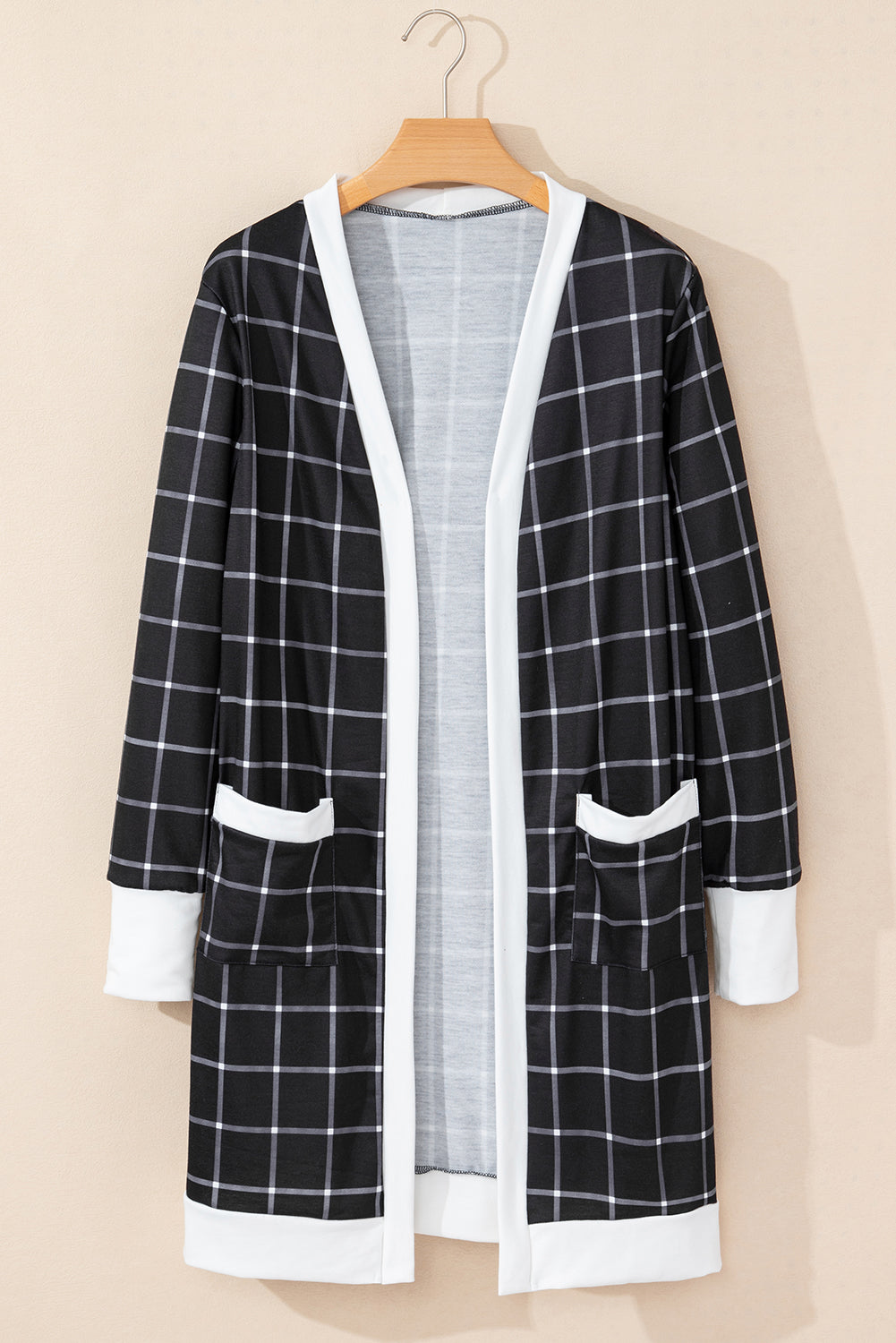 Black Plaid Colorblock Edge Open Cardigan with Pocket Cardigans JT's Designer Fashion