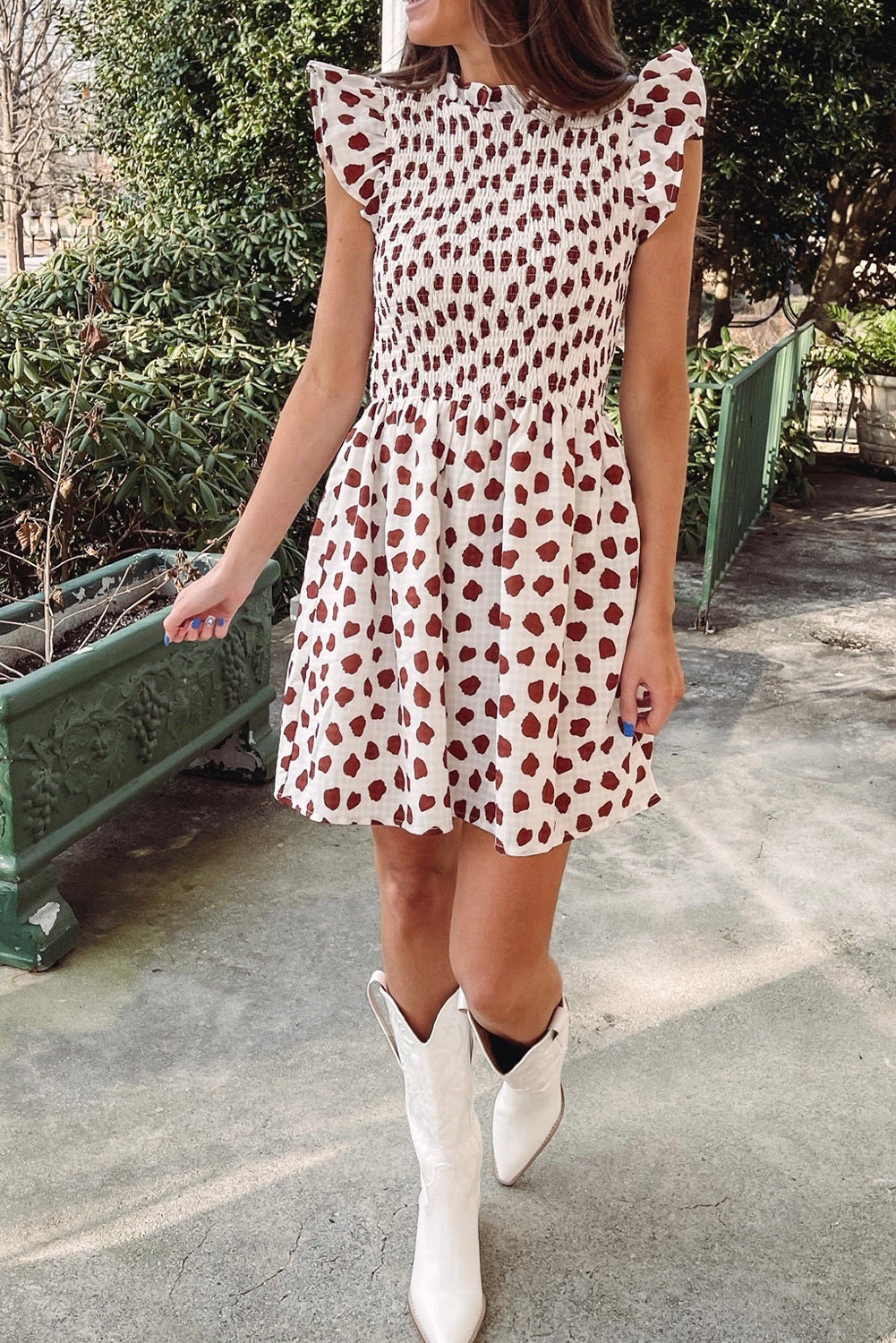 Brown Abstract Printed Flutter Sleeve Smocked Bodice Short Dress Mini Dresses JT's Designer Fashion