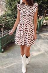 Brown Abstract Printed Flutter Sleeve Smocked Bodice Short Dress Mini Dresses JT's Designer Fashion