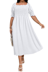 White Swiss Dot Smocked Frilled Neckline Short Sleeve Plus Size Dress Plus Size Maxi Dresses JT's Designer Fashion