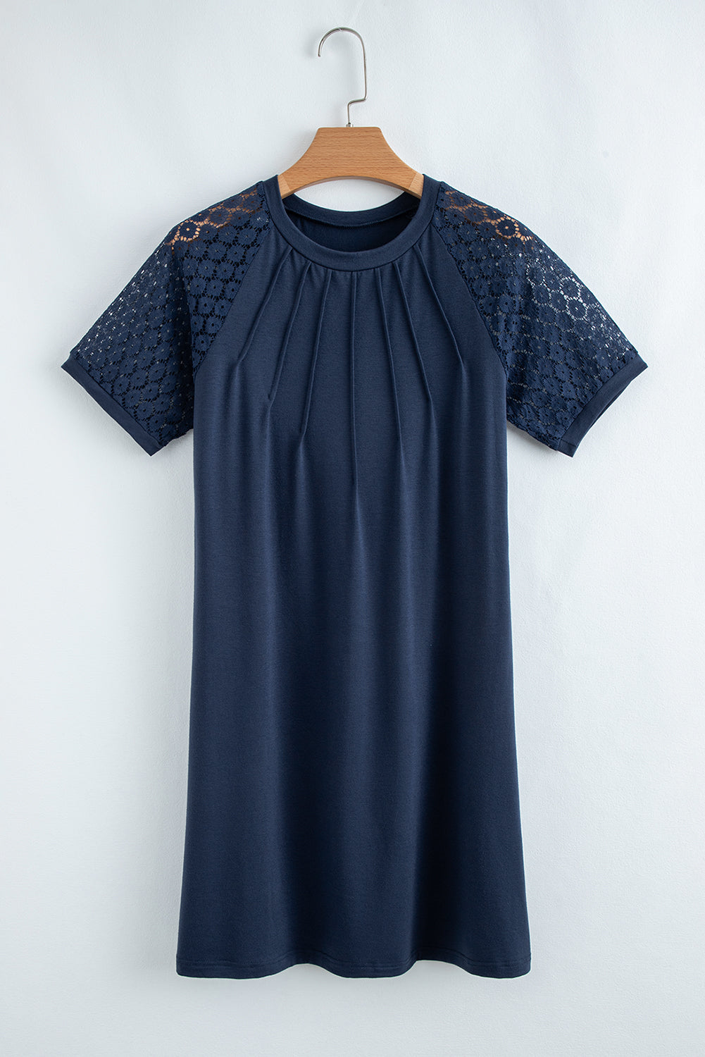 Navy Blue Contrast Lace Raglan Sleeve Pleated Detail Shift Dress T Shirt Dresses JT's Designer Fashion