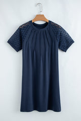 Navy Blue Contrast Lace Raglan Sleeve Pleated Detail Shift Dress T Shirt Dresses JT's Designer Fashion