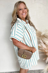 Green Stripe Plus Size St Patricks Day Short Sleeve Buttoned Shirt Dress Plus Size Mini Dresses JT's Designer Fashion