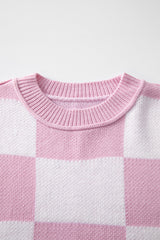 Pink Checkered Bishop Sleeve Sweater Sweaters JT's Designer Fashion