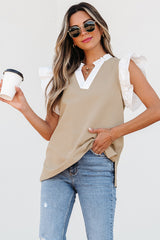 Pale Khaki Contrast V Neck Ruffled Textured Knit Top Blouses & Shirts JT's Designer Fashion