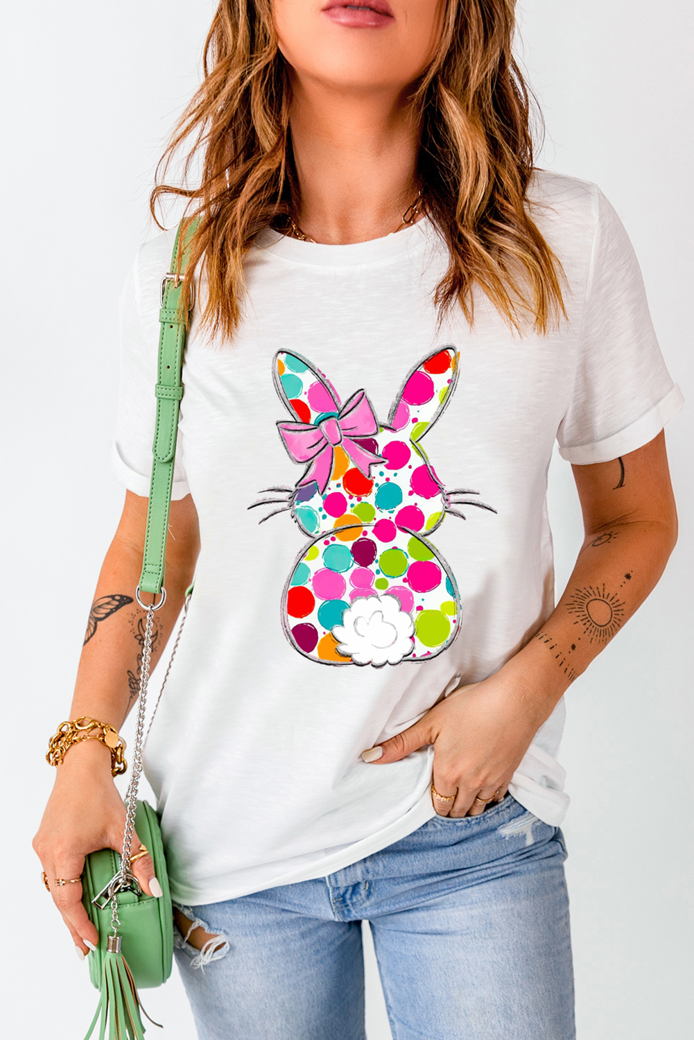 White Polka Dot Bow Rabbit Graphic Crewneck Easter Fashion Tee Graphic Tees JT's Designer Fashion