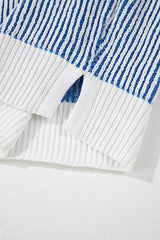 Dark Blue Striped Textured Knit Contrast Edge Loose Sweater Sweaters JT's Designer Fashion