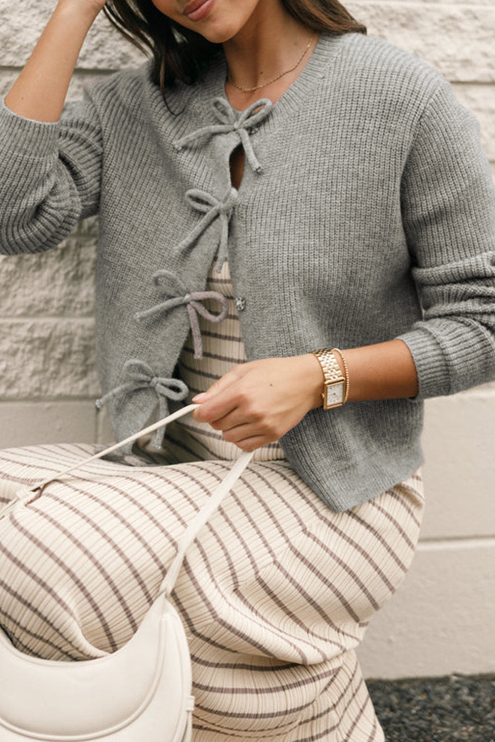 Philippine Gray Ribbed Knit Bow Front Buttoned Cardigan Philippine Gray 50%Viscose+28%Polyester+22%Polyamide Cardigans JT's Designer Fashion