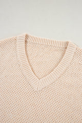 Parchment Loose Eyelet V Neck Drop Shoulder Sweater Sweaters JT's Designer Fashion