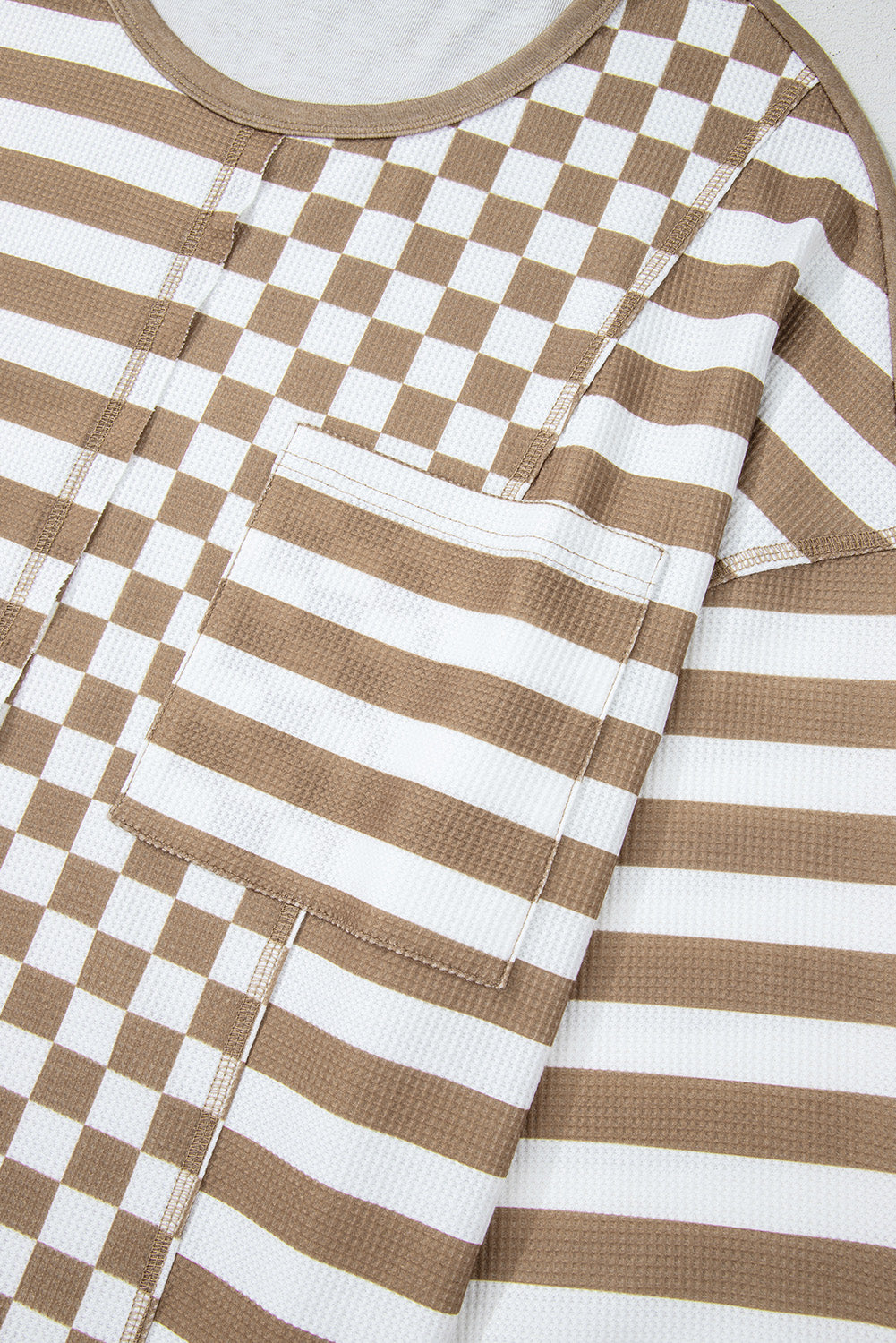 Khaki Checkerboard Striped Patchwork Lantern Sleeve Pocketed Blouse Long Sleeve Tops JT's Designer Fashion