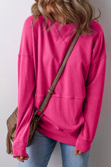 Rose Red Drop Shoulder Crisscross Stitching Pocketed Loose Sweatshirt Sweatshirts & Hoodies JT's Designer Fashion