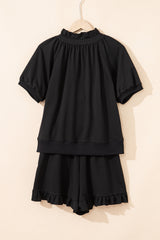 Black Half Zip Puff Sleeve Top and Ruffled Shorts Set Short Sets JT's Designer Fashion